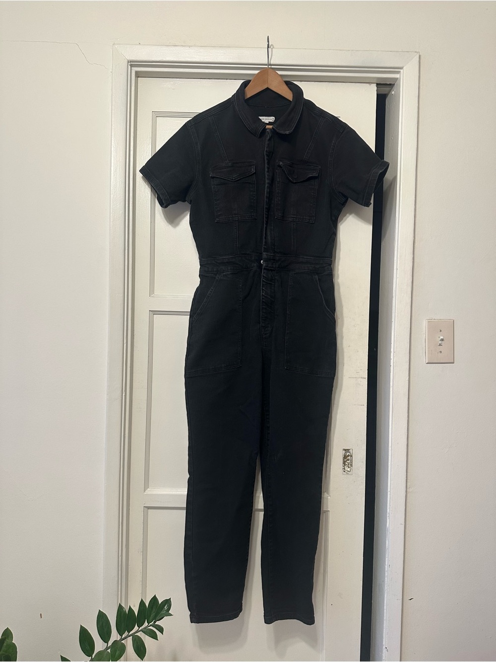 Good American Black Short-Sleeve Denim Utility Jumpsuit